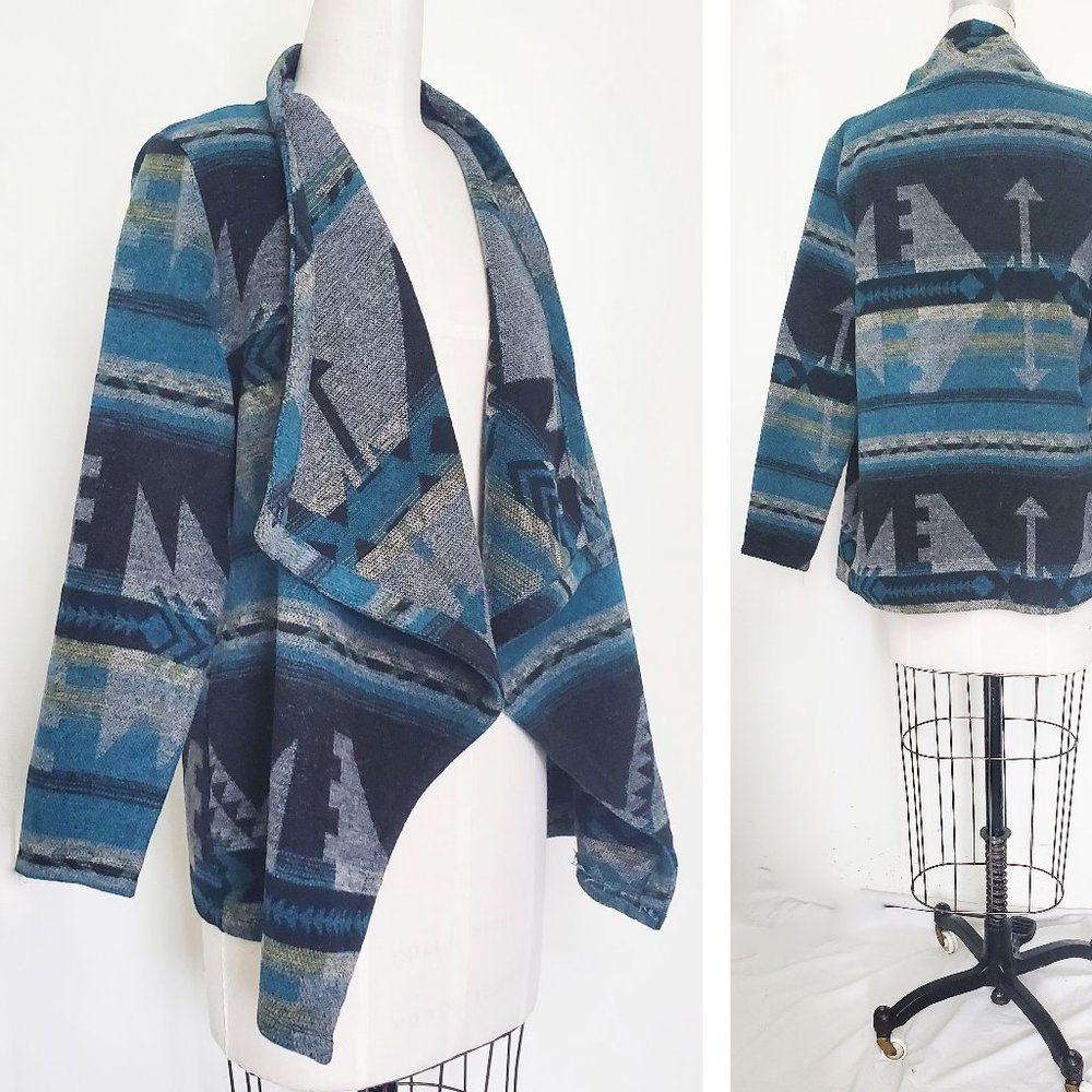 Apropos Womens One Button Cardigan Sweater Southwestern Wool Blend Blue Grey M